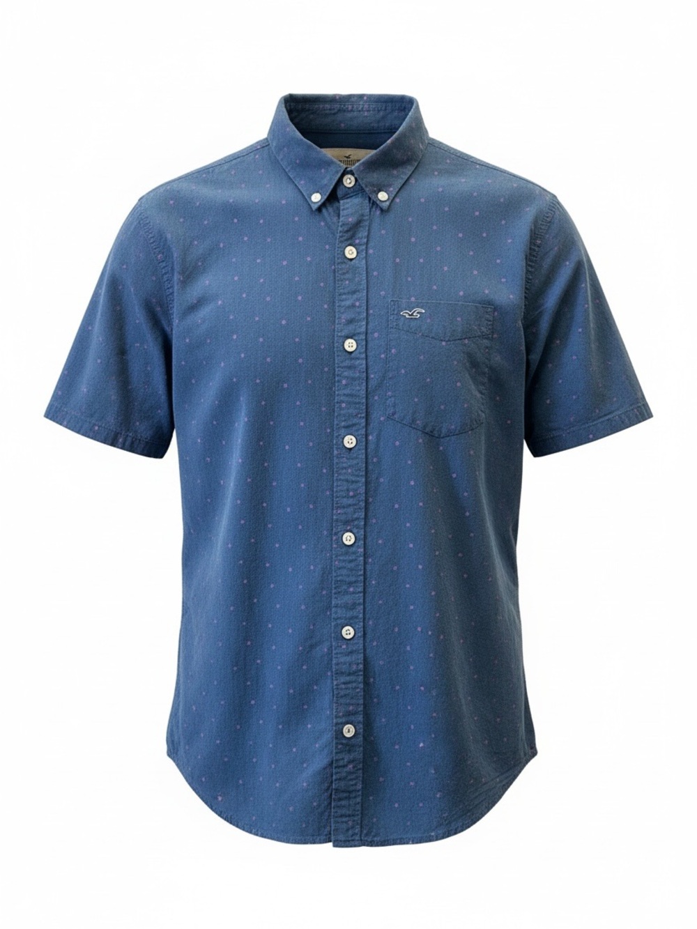 Hollister Men's Short-Sleeve Button-Down in Deep Blue with Subtle Dot Print MED